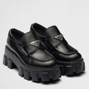 Prada Chocolate High-heeled Loafers In Black Brushed Leather 