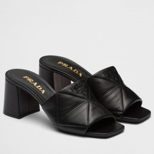 Prada Heeled Slide Sandals 65mm In Black Nappa Leather