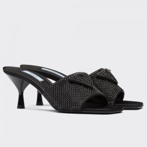 Prada Black Satin Heeled Sandals with Crystals