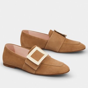 Roger Vivier Soft Metal Buckle Loafers In Brown Suede