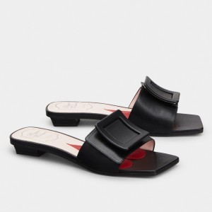 Roger Vivier Covered Buckle Mules in Black Leather