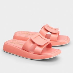 Roger Vivier Vivier Slide Covered Buckle Mules in Pink Patent Leather
