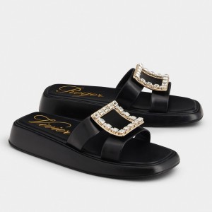 Roger Vivier Vivier Slide Strass Buckle Mules in Black Leather