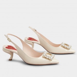 Roger Vivier Virgule Strass Buckle Slingback Pumps in White Patent Leather