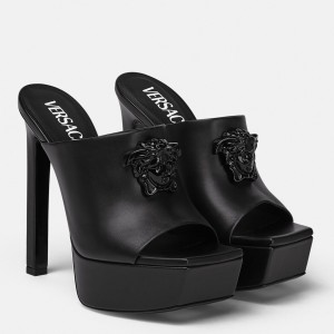 Versace La Medusa Platform Mules In Black Calfskin