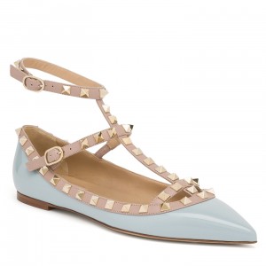 Valentino Garavani Caged Rockstud Ballet Flats In Light Blue Patent Leather