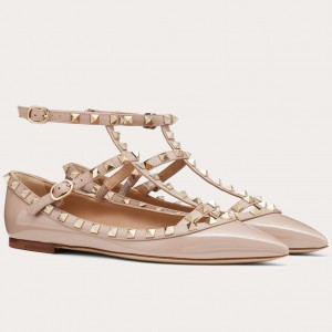 Valentino Garavani Caged Rockstud Ballet Flats In Powder Patent Leather