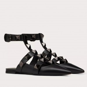 Valentino Garavani Roman Stud Ballet Flats In Black Calfskin with Tonal Studs