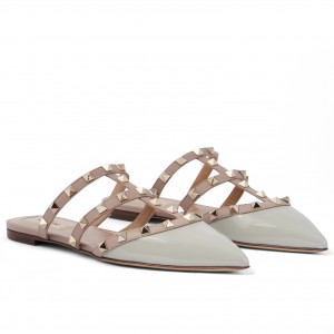 Valentino Rockstud Flat Mules In Opal-grey Patent Leather