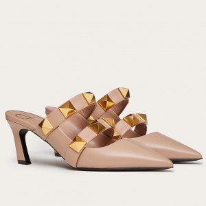 Valentino Roman Stud Mules 65mm In Rose Cannelle Calfskin