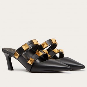 Valentino Roman Stud Mules 65mm In Black Calfskin