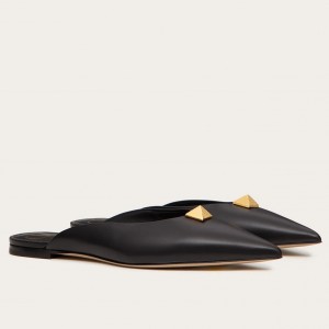 Valentino Roman Stud Flat Mules In Black Calfskin